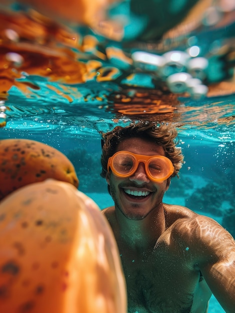 Portrait of man in water and tropical fruits during summertime