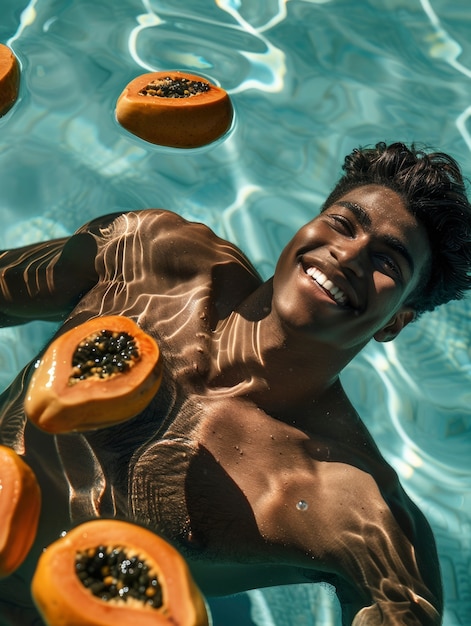 Portrait of man in water and tropical fruits during summertime