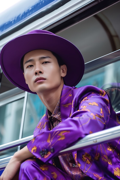 Free Photo portrait of man wearing lavender colored fashion garments for color of the year