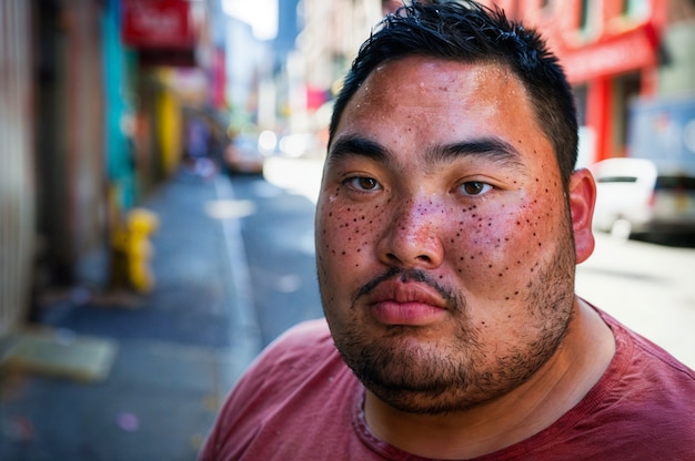 Portrait of man with beauty marks and freckles