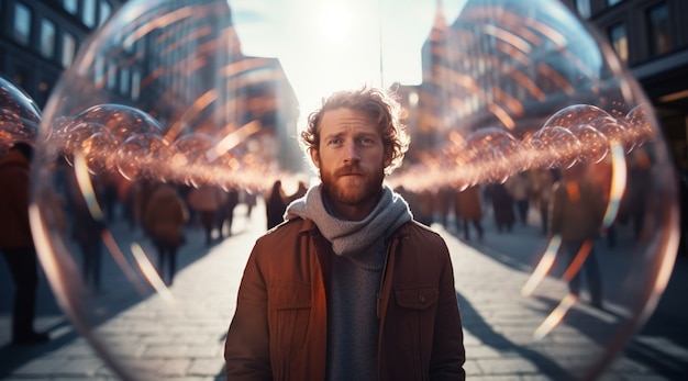 Portrait of man with clear bubble