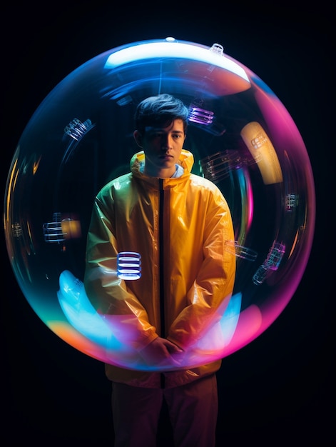 Portrait of man with clear bubble