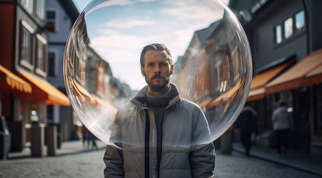 Free photo portrait of man with clear bubble