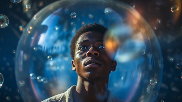 Portrait of man with clear bubble