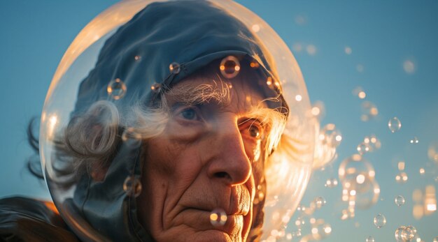 Portrait of man with clear bubble