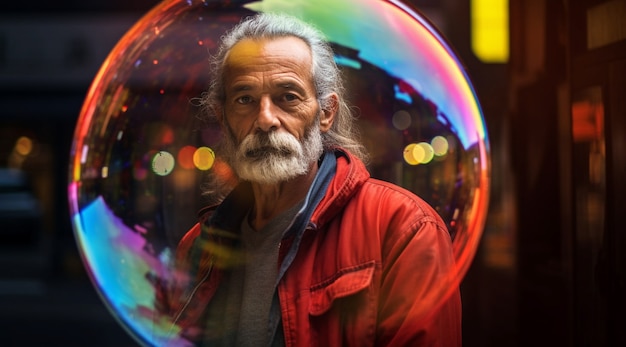 Free Photo portrait of man with clear bubble