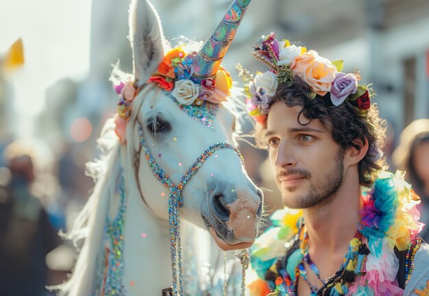 Portrait of man with fantasy unicorn animal and cinematic atmosphere