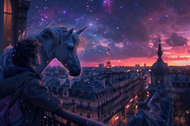 Portrait of man with fantasy unicorn animal and cinematic atmosphere