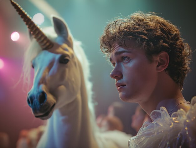 Portrait of man with fantasy unicorn animal and cinematic atmosphere