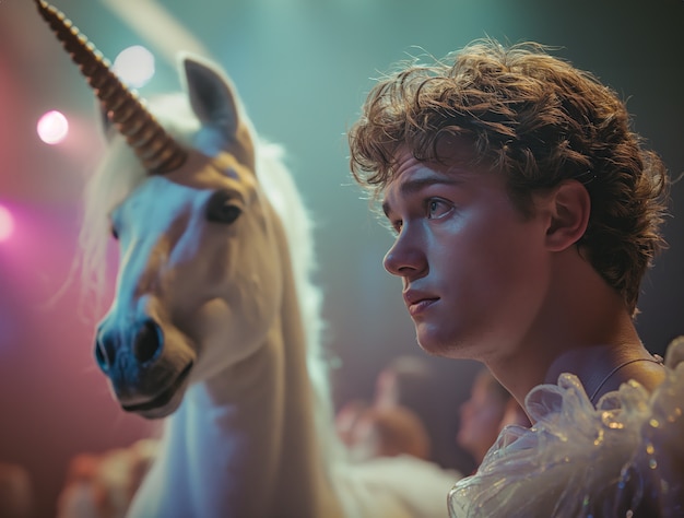 Portrait of man with fantasy unicorn animal and cinematic atmosphere