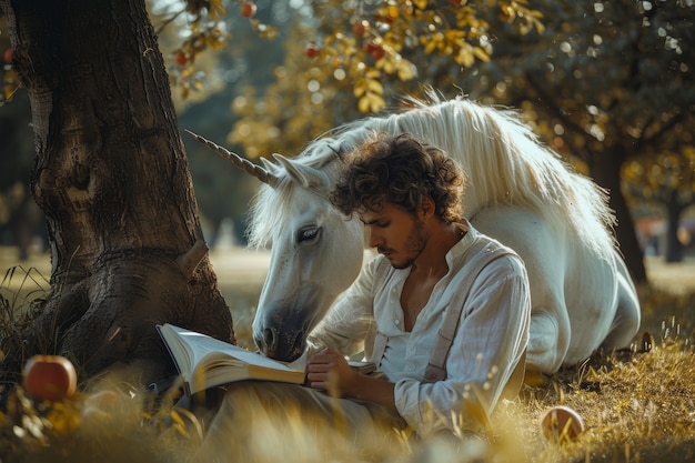 Free photo portrait of man with fantasy unicorn animal and cinematic atmosphere