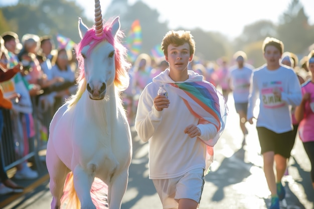 Free Photo portrait of man with fantasy unicorn animal and cinematic atmosphere