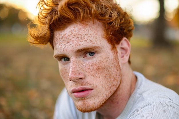 Portrait of man with freckles and beauty marks