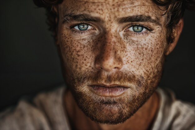 Portrait of man with freckles and beauty marks