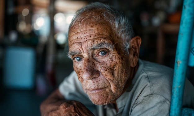 Portrait of man with freckles and beauty marks