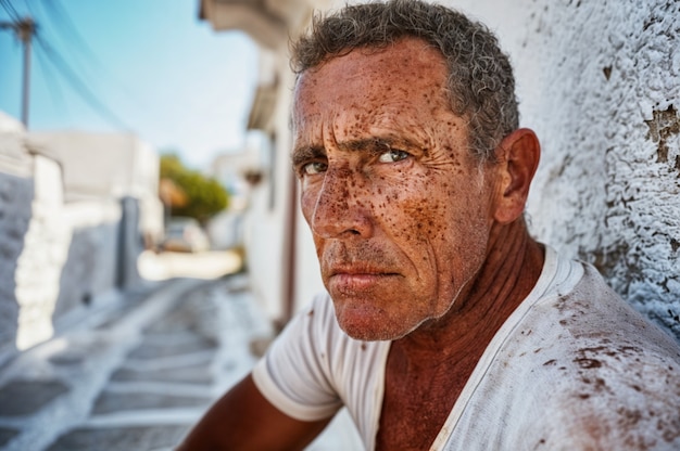 Portrait of man with freckles and beauty marks