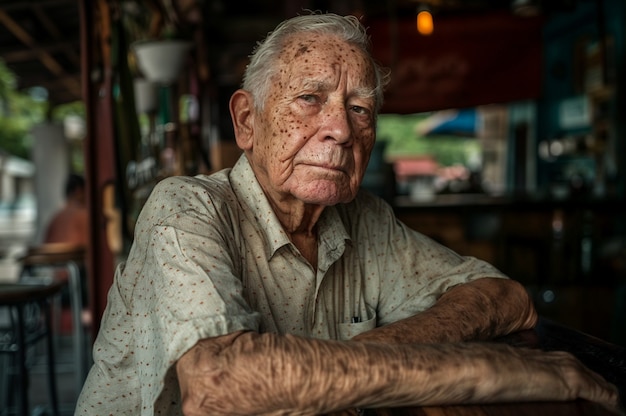 Portrait of man with freckles and beauty marks