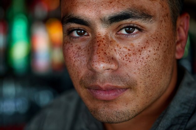 Portrait of man with freckles and beauty marks