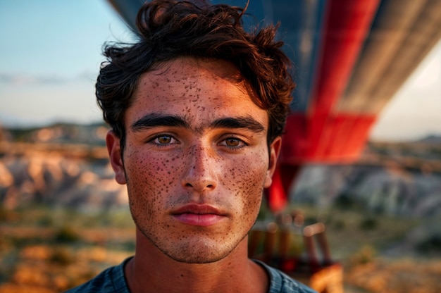 Portrait of man with freckles and beauty marks