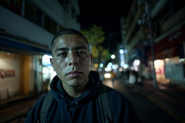 Portrait of man with freckles and beauty marks