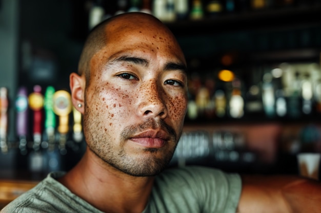 Portrait of man with freckles and beauty marks