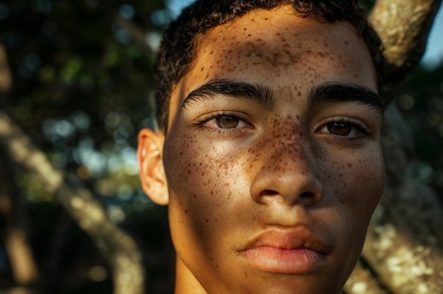 Portrait of man with freckles and beauty marks