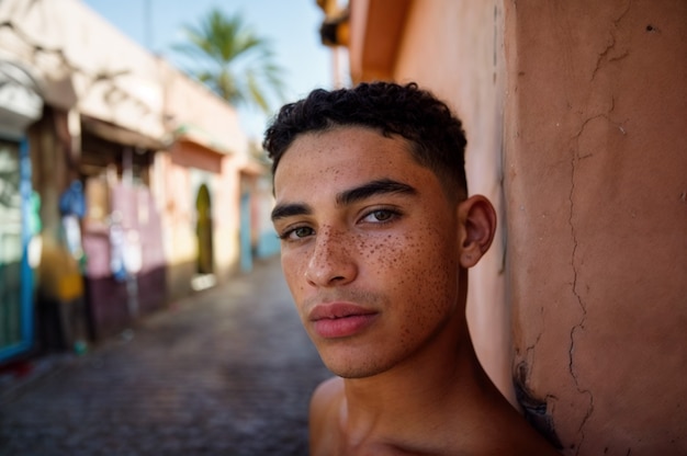 Portrait of man with freckles and beauty marks