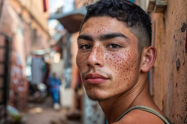 Portrait of man with freckles and beauty marks