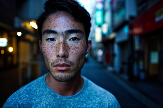 Portrait of man with freckles and beauty marks