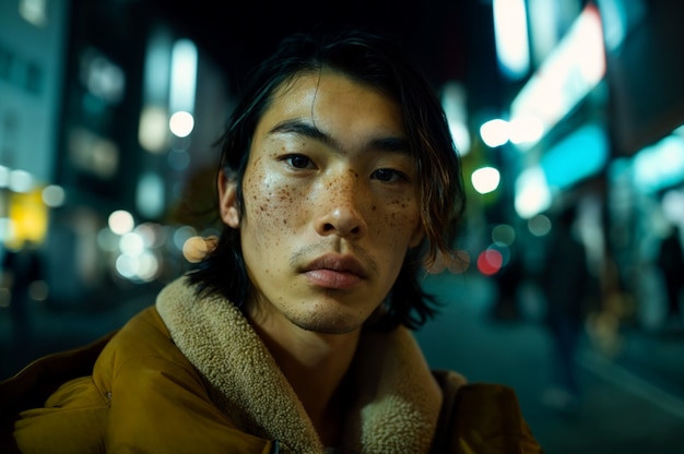 Portrait of man with freckles and beauty marks