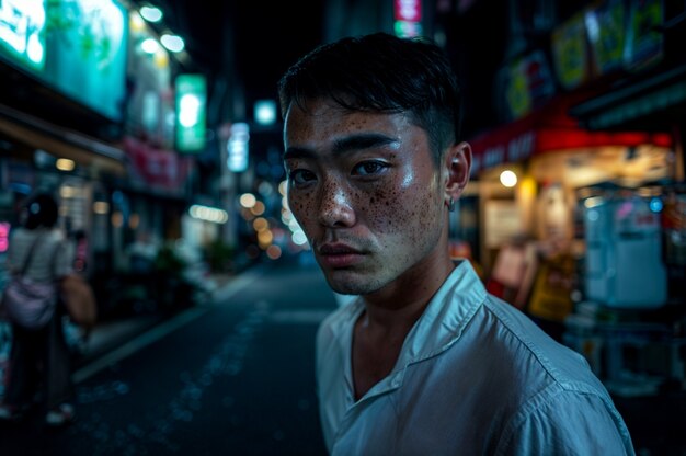 Portrait of man with freckles and beauty marks