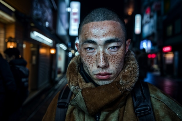 Portrait of man with freckles and beauty marks