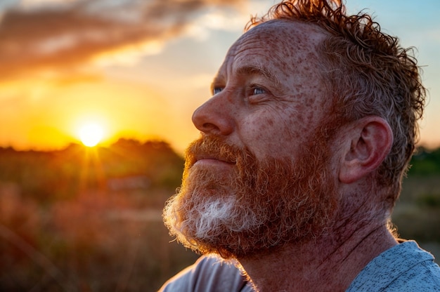 Portrait of man with freckles and beauty marks