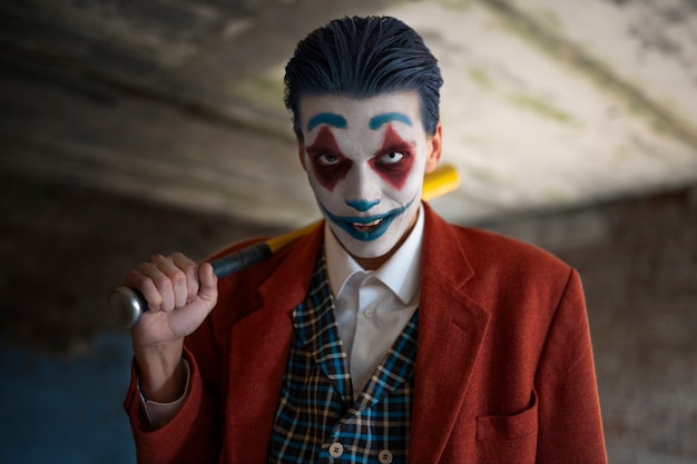 Free photo portrait of man with scary clown make-up and bat