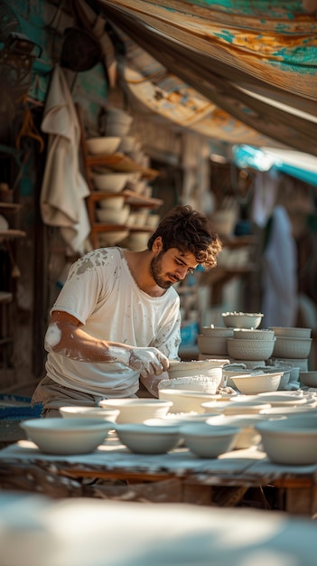 Portrait of man working on pottery stoneware