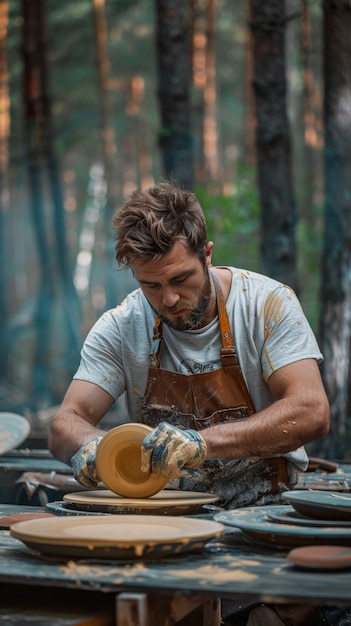 Free photo portrait of man working on pottery stoneware