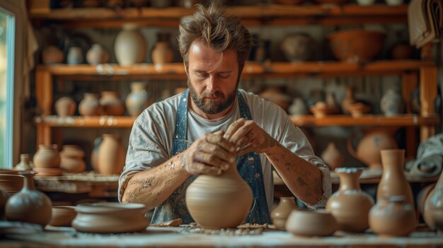 Portrait of man working on pottery stoneware