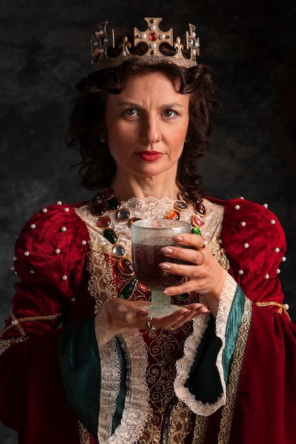 Free photo portrait of medieval queen with chalice and drink