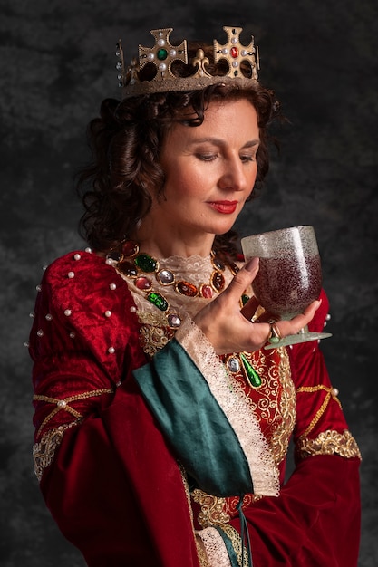 Free photo portrait of medieval queen with chalice and drink