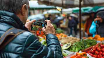 Free photo portrait of middle-aged man taking photos with device for world photography day