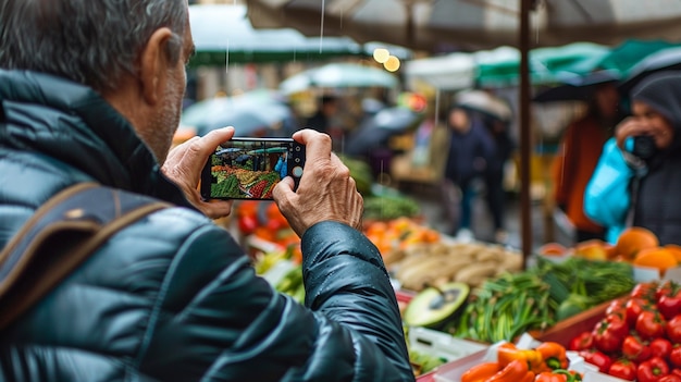 Free Photo portrait of middle-aged man taking photos with device for world photography day