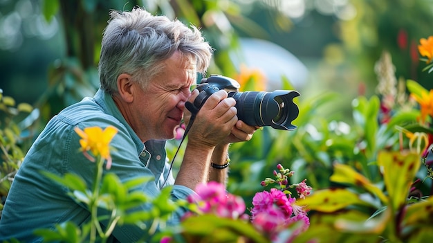 Free photo portrait of middle-aged man taking photos with device for world photography day