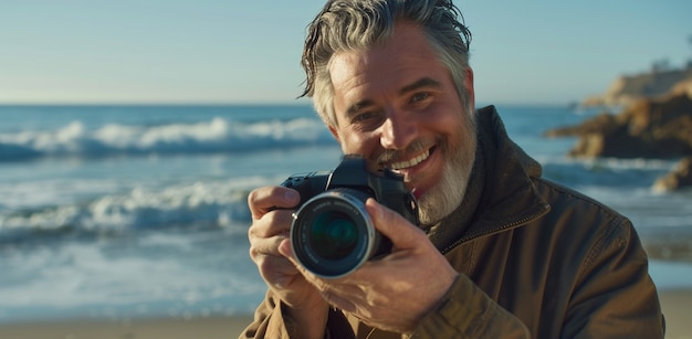 Free Photo portrait of middle-aged man taking photos with device for world photography day