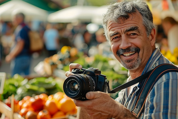 Free Photo portrait of middle-aged man taking photos with device for world photography day