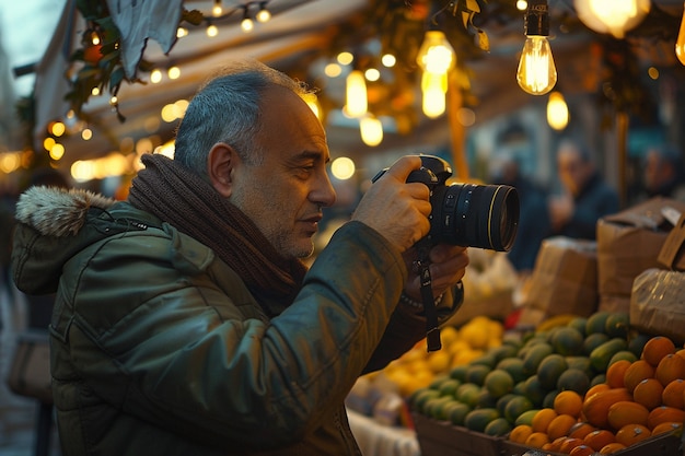 Free photo portrait of middle-aged man taking photos with device for world photography day