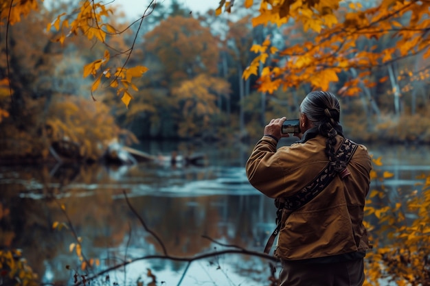 Free Photo portrait of middle-aged man taking photos with device for world photography day