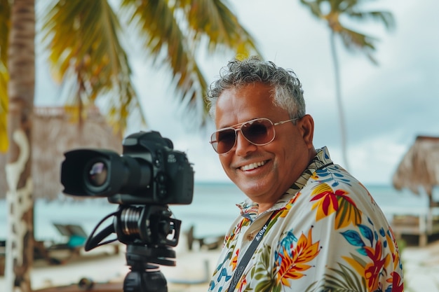 Free photo portrait of middle-aged man taking photos with device for world photography day