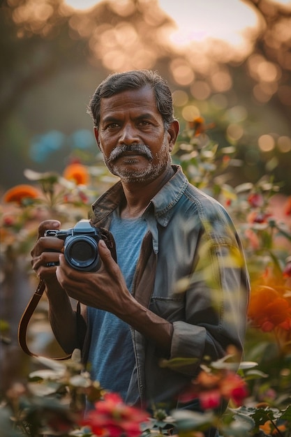 Portrait of middle-aged man taking photos with device for world photography day