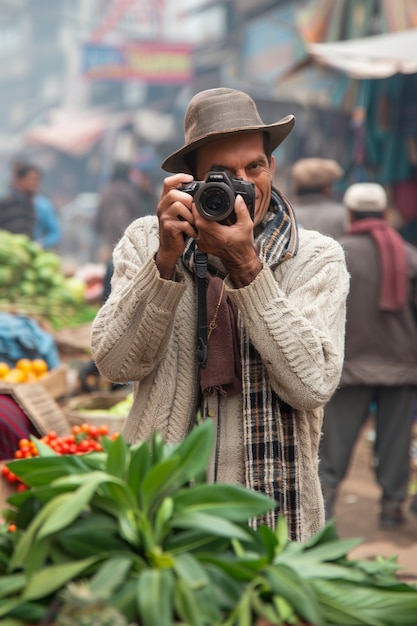 Free photo portrait of middle-aged man taking photos with device for world photography day