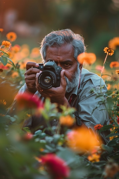 Free Photo portrait of middle-aged man taking photos with device for world photography day